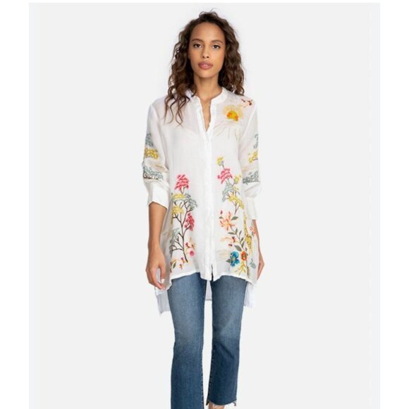 Johnny Was Safari Embroidered Button-Up Blouse, white, size XS - Picture 1 of 10